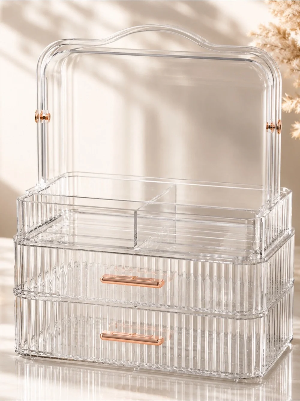 Clear Acrylic Cosmetic Organizer with Rose Gold Accents